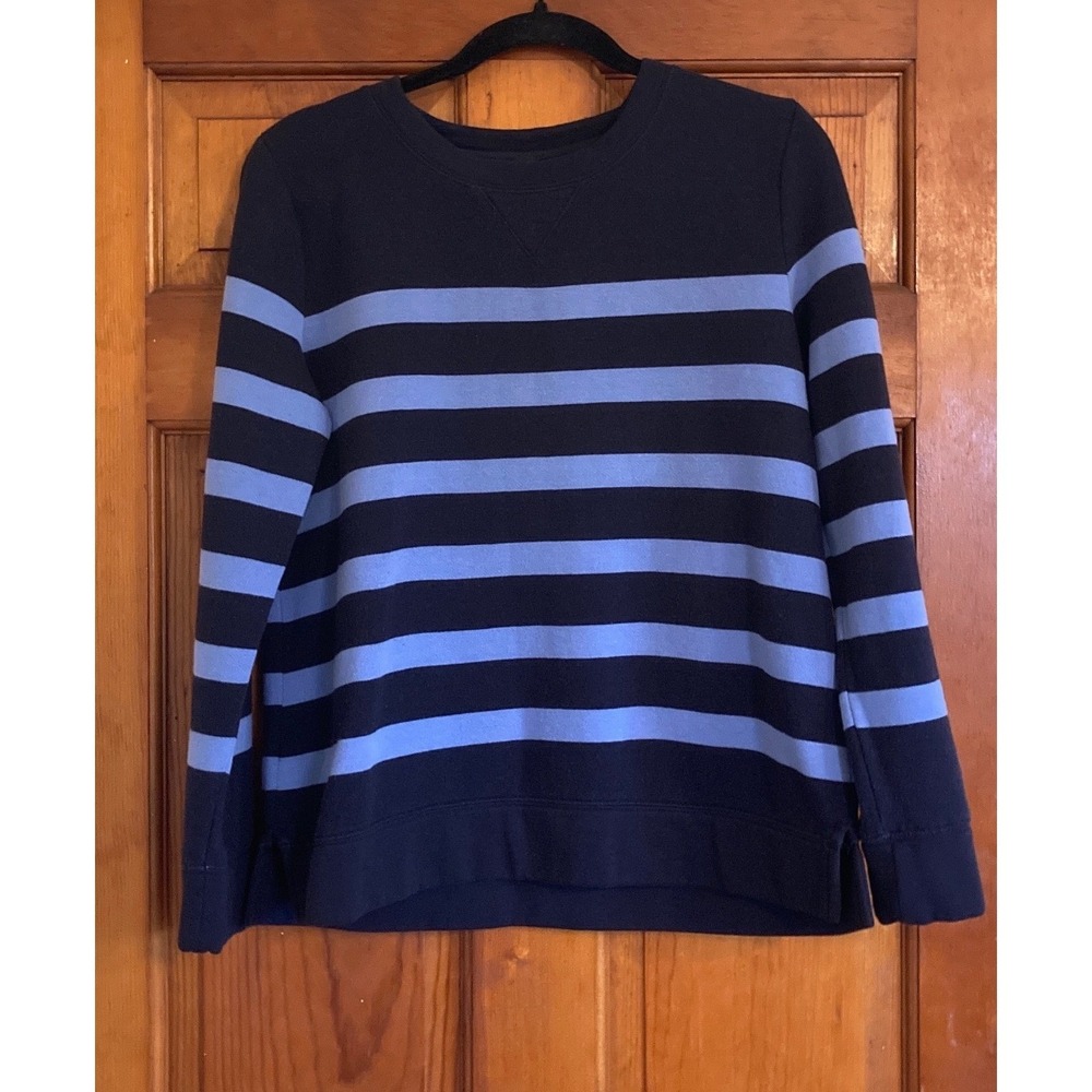Talbots Womens M Blue Striped Long Sleeve Fleece Crewneck Sweatshirt Athleisure